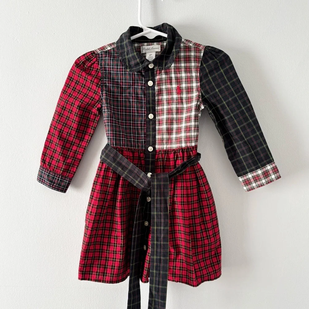 Ralph Lauren Baby Girl Plaid Cotton Shirtdress Mixed Print Belted Holiday